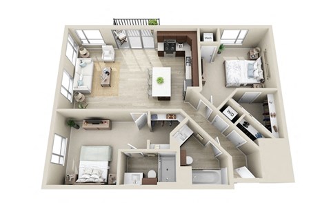 Floor plan for 2 beds, 2 baths, 1033 sqft